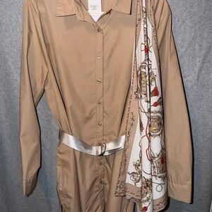 Elegant Tan Shirt Dress with Scarf